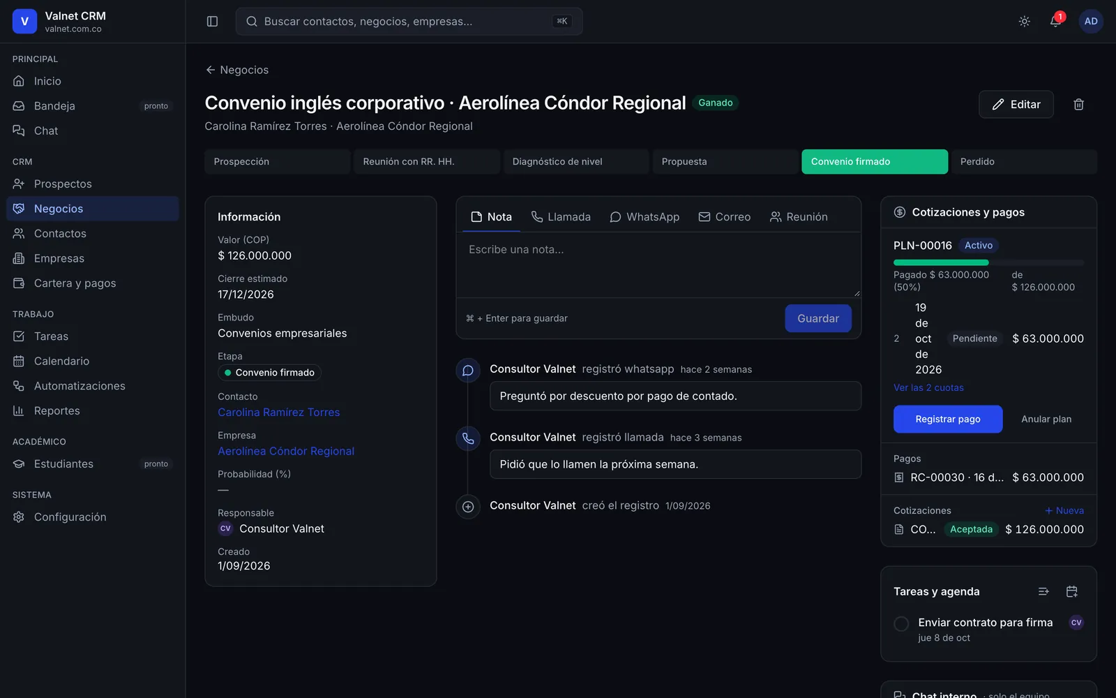 Ficha de un negocio en Valnet CRM con historial de actividad, cotización y pagos, con datos ficticios