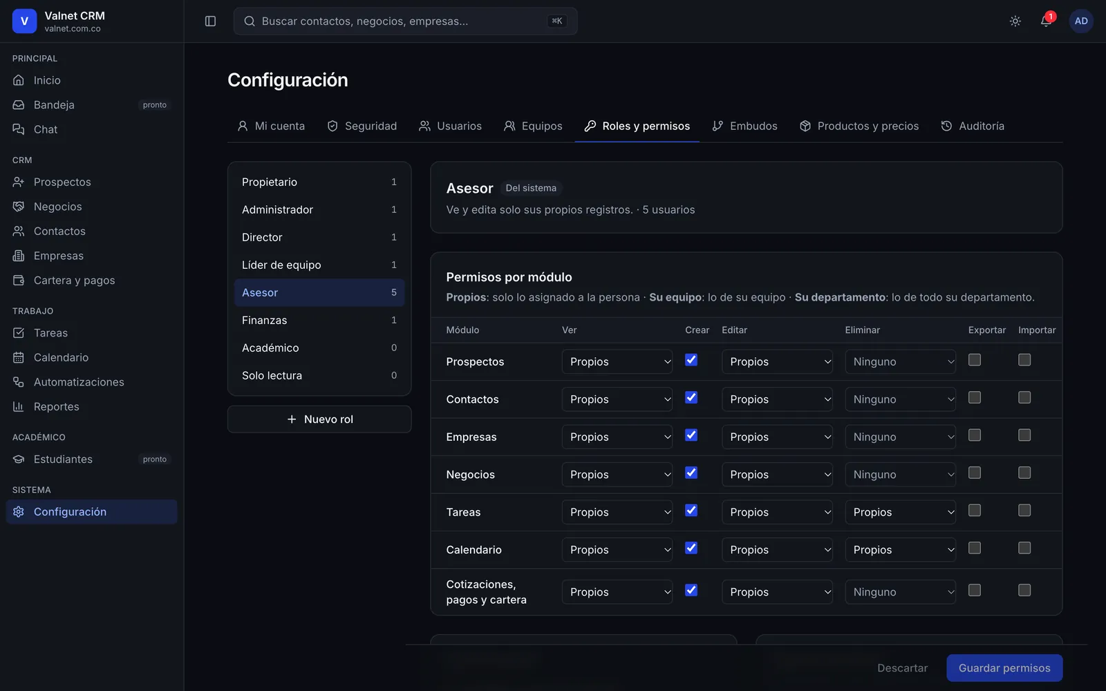 Configuración de roles y permisos por módulo en Valnet CRM, con datos ficticios