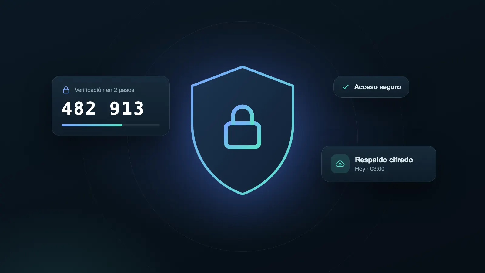 Illustration: shield with lock, two-step verification code and encrypted backup